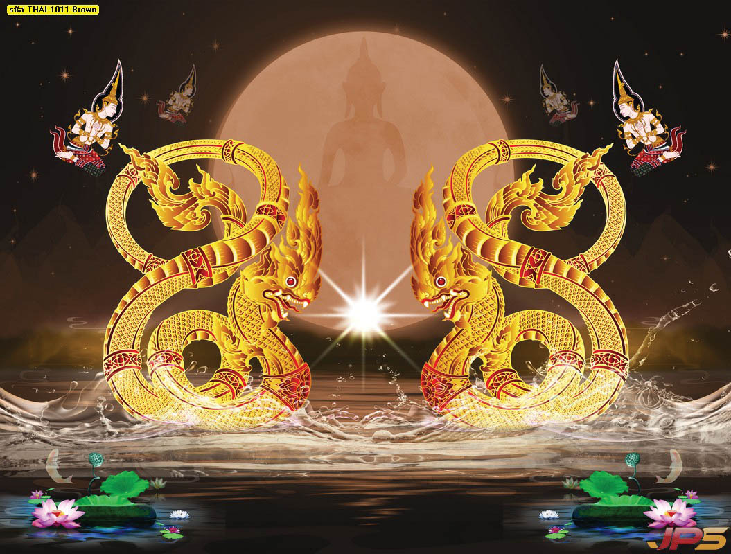 ภาพลายไทย พญานาคคู่สีทอง เทพพนมคู่ พื้นหลังสีดำทอง